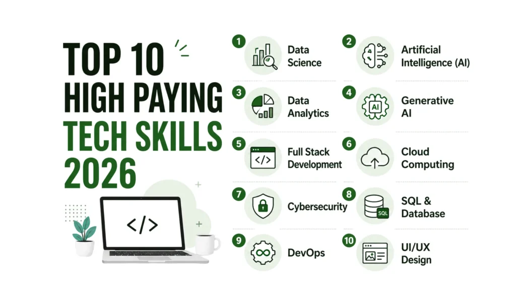 top 10 high paying tech skills 2026 infographic including AI data science cloud computing