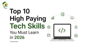 top 10 high paying tech skills 2026 banner with AI data science cloud icons and laptop illustration