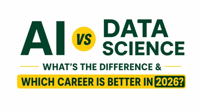 AI vs Data Science – What’s the Difference & Which Career is Better in 2026? Green and white comparison banner highlighting AI and Data Science career choices.
