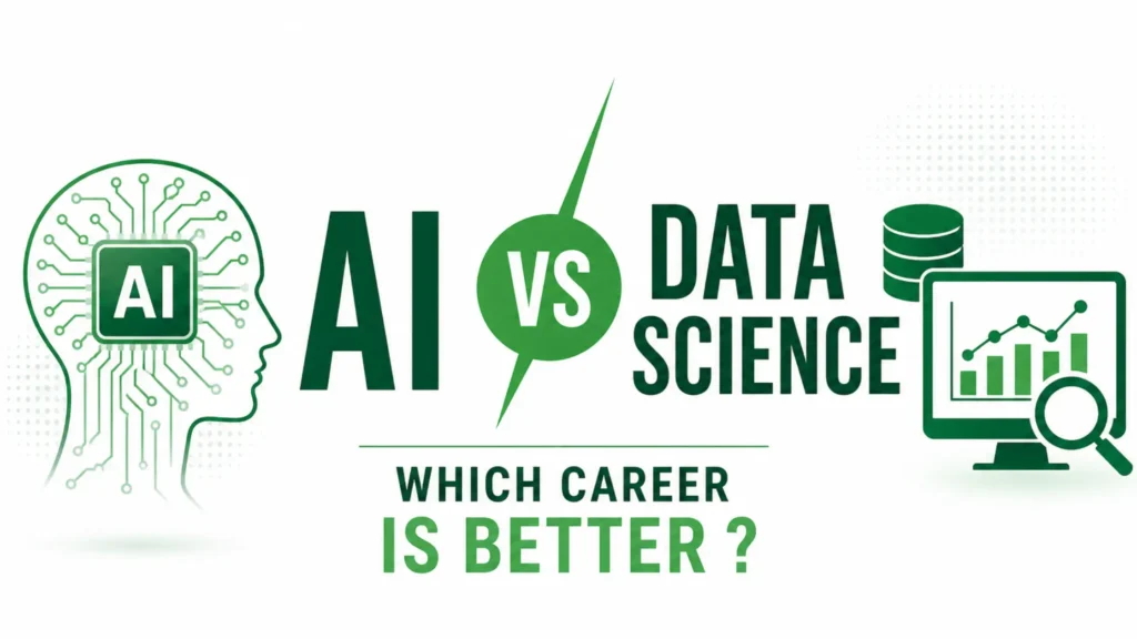 AI vs Data Science – Which Career is Better? Clean blog banner with white background and green design highlighting comparison between Artificial Intelligence and Data Science careers.