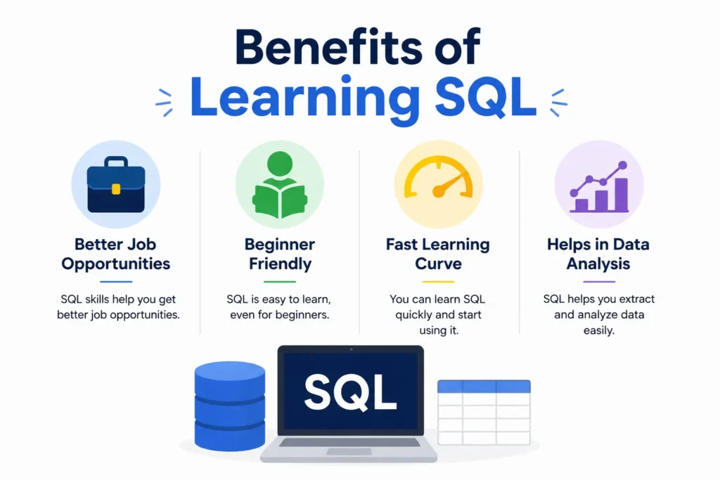What is SQL Course infographic showing powerful benefits for beginners, including SQL learning, database management, data analysis, and career opportunities with modern SQL course design.
