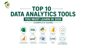 Top 10 Data Analytics Tools infographic showing tools like SQL, Python, Excel, Power BI, Tableau, and cloud platforms for data analysis in 2026.