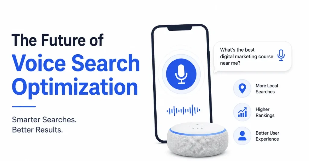 The Future of Voice Search Optimization infographic highlighting AI search trends, voice assistants, local SEO, and future digital marketing strategies.