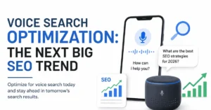 Voice Search Optimization illustration showing AI-powered voice search, SEO growth, and smart assistant technology in 2026.