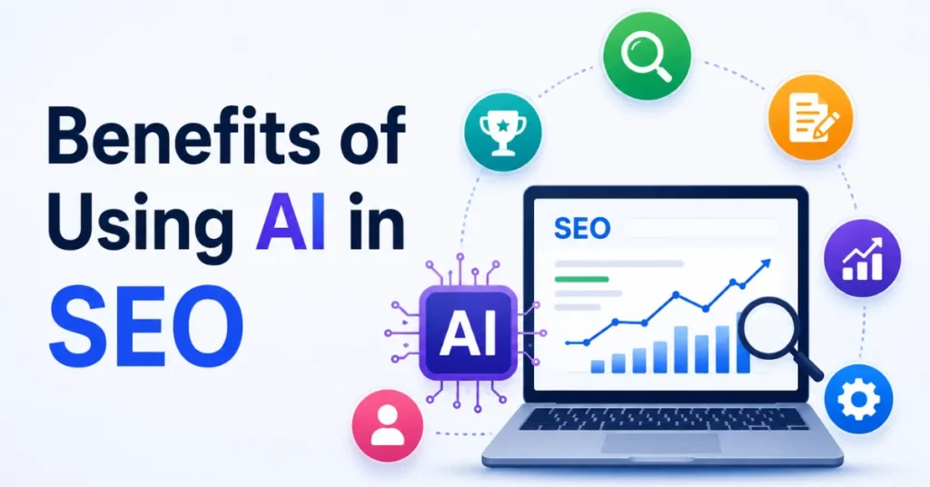 Benefits of Using AI in SEO – A minimalist SEO and AI-themed graphic featuring a laptop with analytics charts, an AI processor, and digital marketing icons. The clean white-background design represents how AI enhances SEO performance, boosts efficiency, and drives better search visibility.