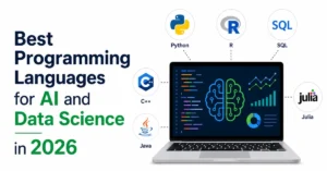 Best programming languages for AI and data science in 2026 featuring Python, R, SQL, Julia, Java, and C++ with artificial intelligence and analytics dashboard