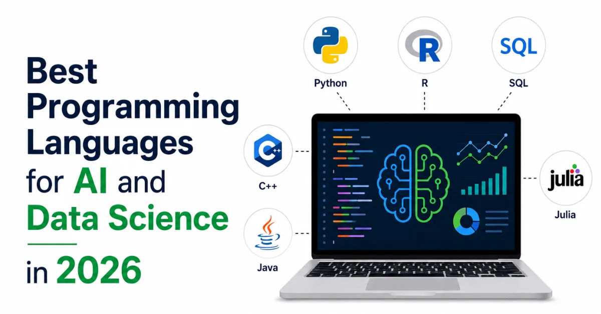 Best programming languages for AI and data science in 2026 featuring Python, R, SQL, Julia, Java, and C++ with artificial intelligence and analytics dashboard