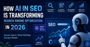 Benefits of Using AI in SEO – A clean modern illustration showing an AI chip connected to an SEO dashboard on a laptop, surrounded by digital marketing icons. The design highlights how artificial intelligence improves keyword research, content optimization, automation, and search engine rankings with a professional white background.