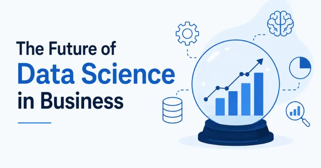 Simple illustration showing the future of Data Science in Business with analytics charts, business growth metrics, artificial intelligence, and data-driven decision making.
