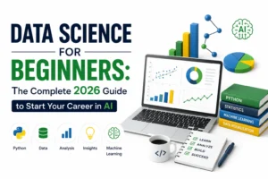 Data Science Roadmap for Beginners illustrating the step-by-step learning path from Python and statistics to data analysis, machine learning, AI, and deployment.